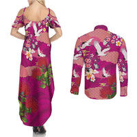 Hawaiian and Japanese Culture Together Couples Matching Summer Maxi Dress and Long Sleeve Button Shirt Pink Ohia Lehua Plumeria and Sakura Blooming - Polynesian Pride