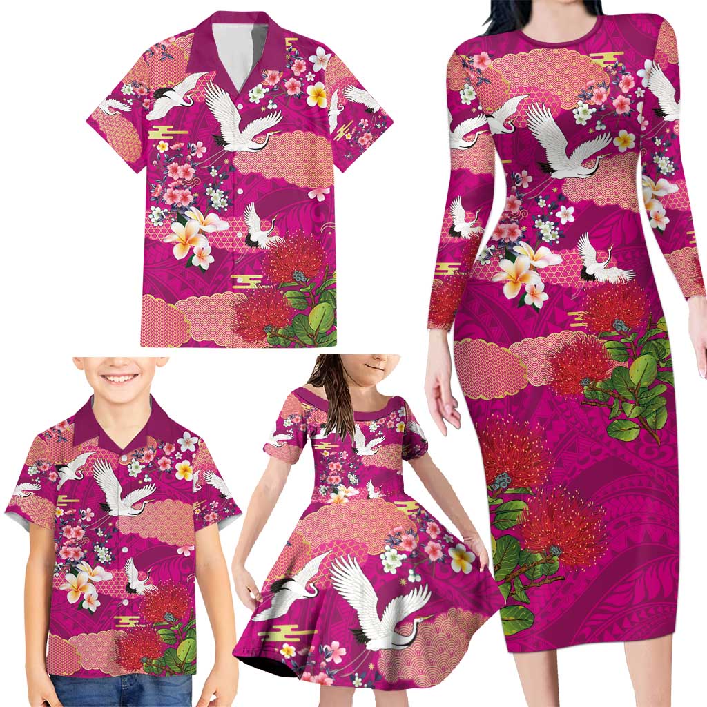 Hawaiian and Japanese Culture Together Family Matching Long Sleeve Bodycon Dress and Hawaiian Shirt Pink Ohia Lehua Plumeria and Sakura Blooming - Polynesian Pride