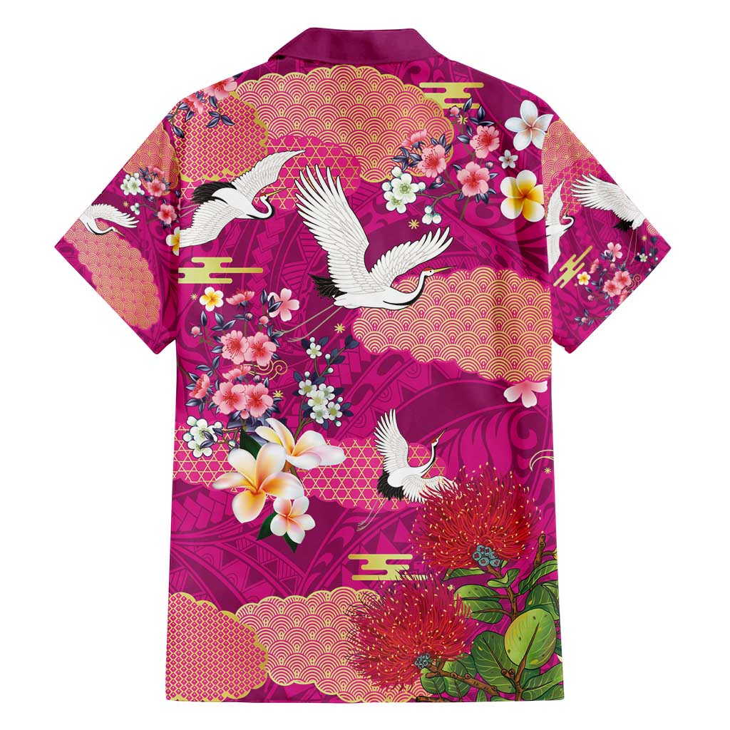 Hawaiian and Japanese Culture Together Family Matching Long Sleeve Bodycon Dress and Hawaiian Shirt Pink Ohia Lehua Plumeria and Sakura Blooming - Polynesian Pride