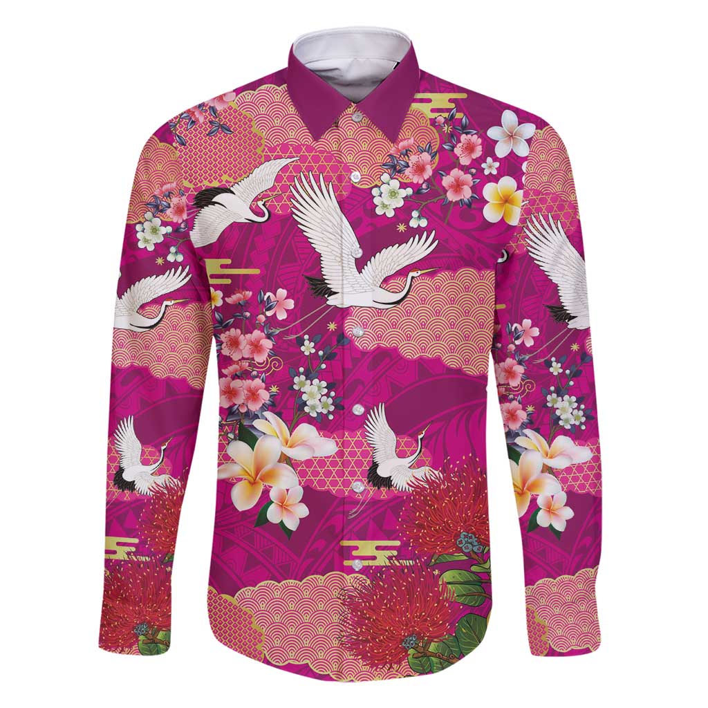 Hawaiian and Japanese Culture Together Family Matching Long Sleeve Bodycon Dress and Hawaiian Shirt Pink Ohia Lehua Plumeria and Sakura Blooming - Polynesian Pride