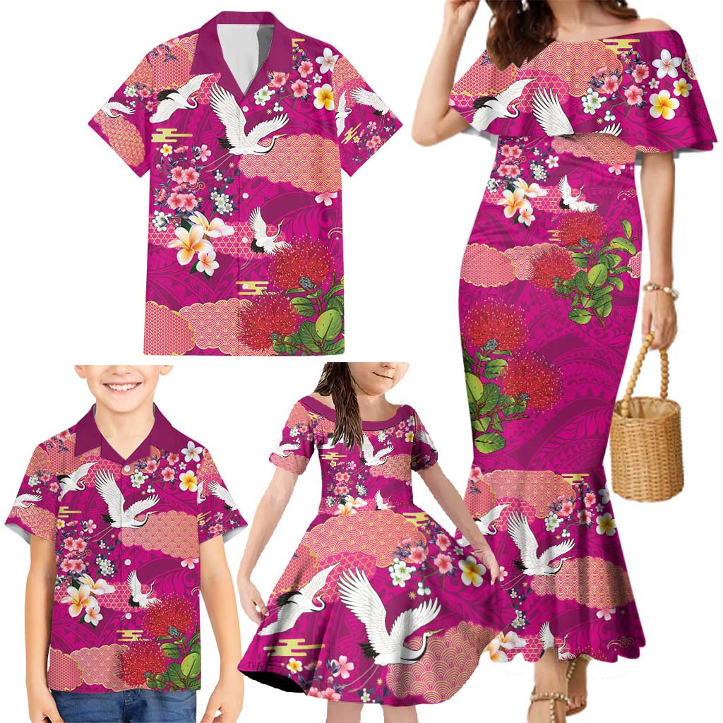 Hawaiian and Japanese Culture Together Family Matching Mermaid Dress and Hawaiian Shirt Pink Ohia Lehua Plumeria and Sakura Blooming - Polynesian Pride