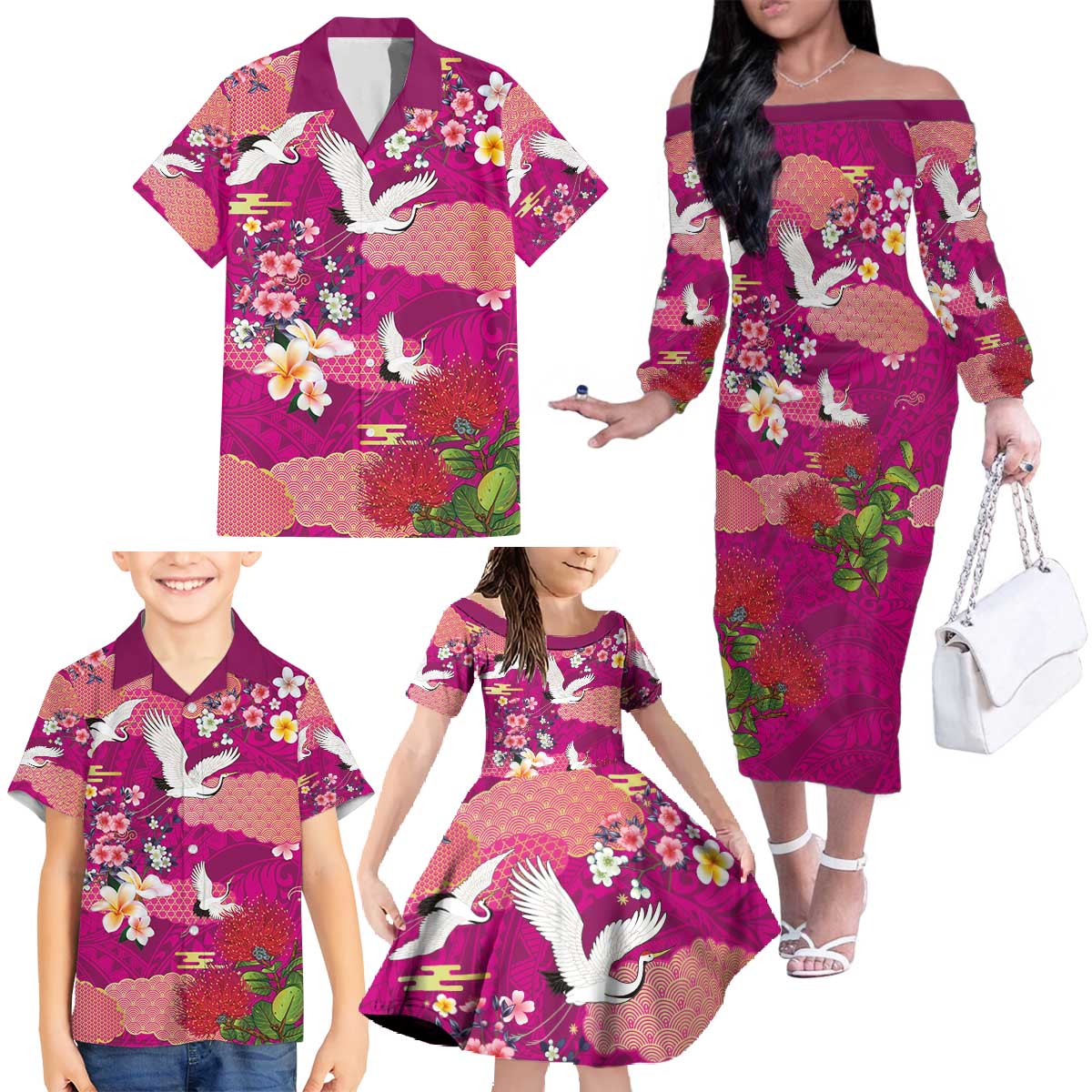 Hawaiian and Japanese Culture Together Family Matching Off The Shoulder Long Sleeve Dress and Hawaiian Shirt Pink Ohia Lehua Plumeria and Sakura Blooming - Polynesian Pride