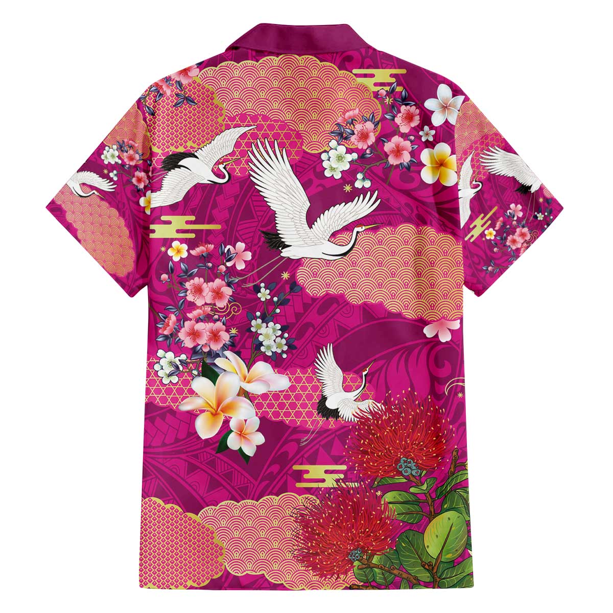 Hawaiian and Japanese Culture Together Family Matching Off The Shoulder Long Sleeve Dress and Hawaiian Shirt Pink Ohia Lehua Plumeria and Sakura Blooming - Polynesian Pride