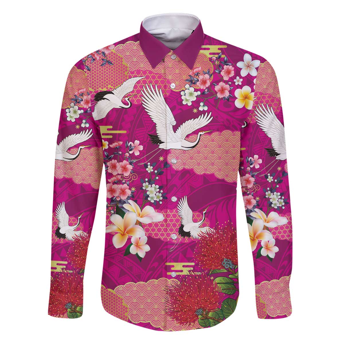 Hawaiian and Japanese Culture Together Family Matching Off The Shoulder Long Sleeve Dress and Hawaiian Shirt Pink Ohia Lehua Plumeria and Sakura Blooming - Polynesian Pride