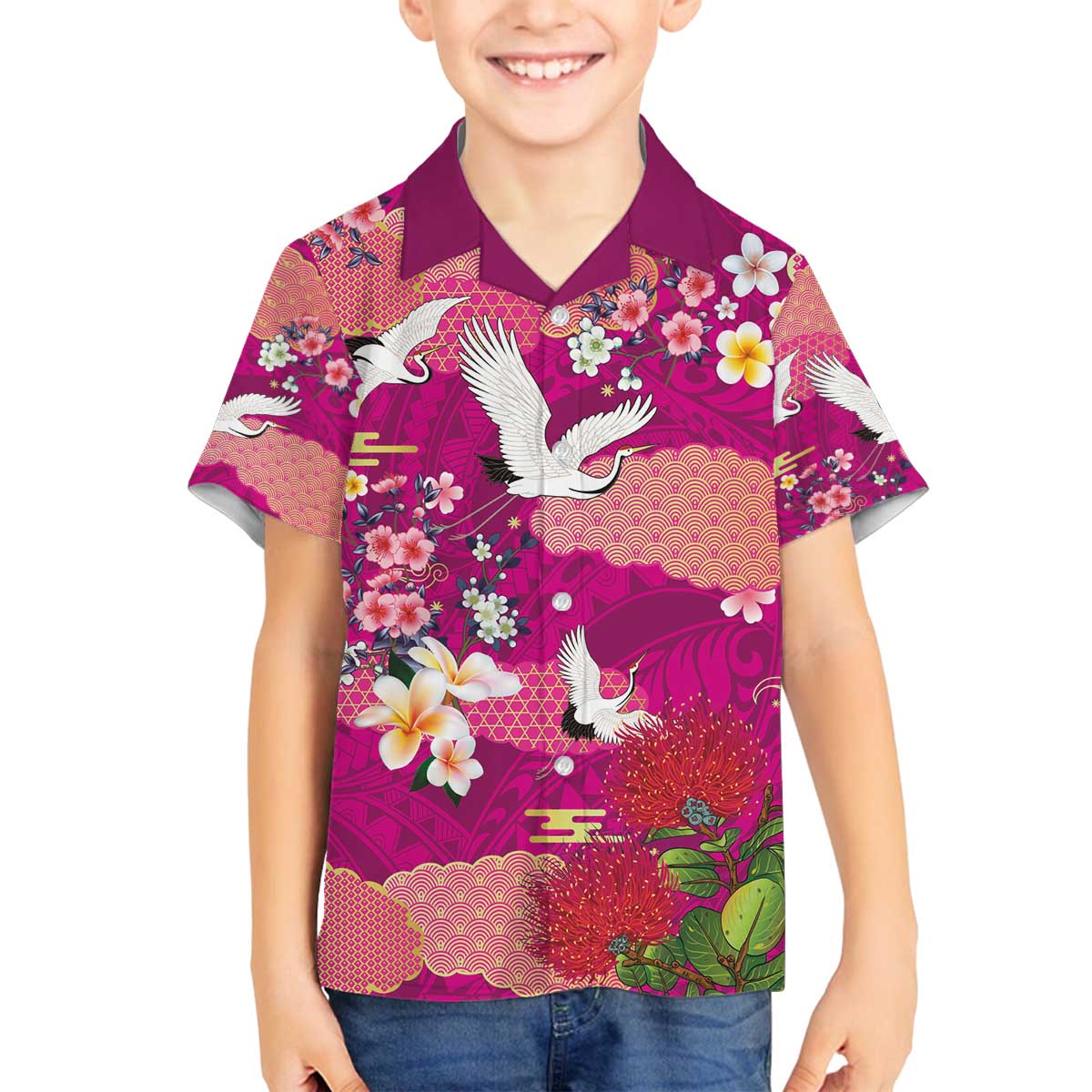 Hawaiian and Japanese Culture Together Family Matching Off The Shoulder Long Sleeve Dress and Hawaiian Shirt Pink Ohia Lehua Plumeria and Sakura Blooming - Polynesian Pride
