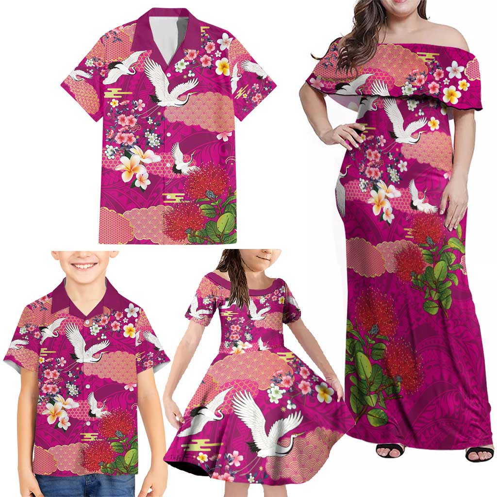 Hawaiian and Japanese Culture Together Family Matching Off Shoulder Maxi Dress and Hawaiian Shirt Pink Ohia Lehua Plumeria and Sakura Blooming - Polynesian Pride