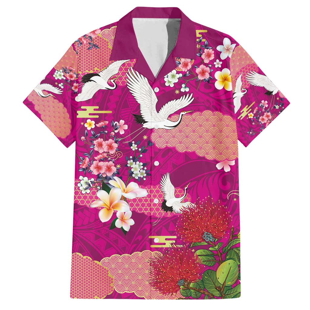 Hawaiian and Japanese Culture Together Family Matching Off Shoulder Maxi Dress and Hawaiian Shirt Pink Ohia Lehua Plumeria and Sakura Blooming - Polynesian Pride