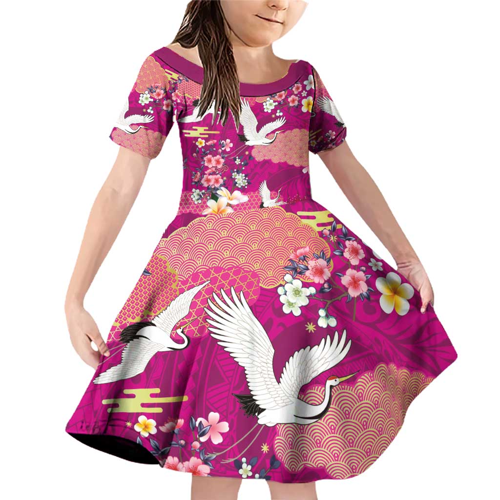 Hawaiian and Japanese Culture Together Family Matching Off Shoulder Short Dress and Hawaiian Shirt Pink Ohia Lehua Plumeria and Sakura Blooming - Polynesian Pride