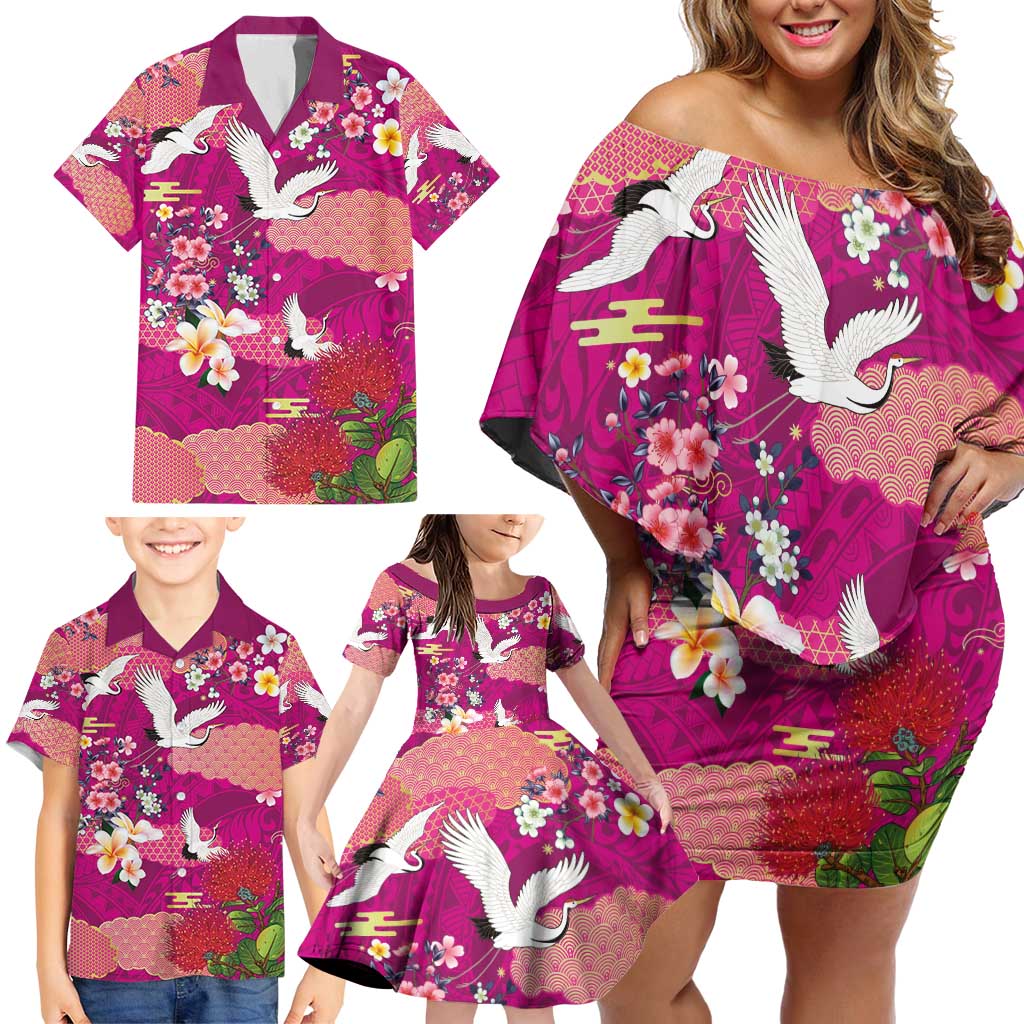 Hawaiian and Japanese Culture Together Family Matching Off Shoulder Short Dress and Hawaiian Shirt Pink Ohia Lehua Plumeria and Sakura Blooming - Polynesian Pride