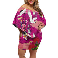 Hawaiian and Japanese Culture Together Family Matching Off Shoulder Short Dress and Hawaiian Shirt Pink Ohia Lehua Plumeria and Sakura Blooming - Polynesian Pride