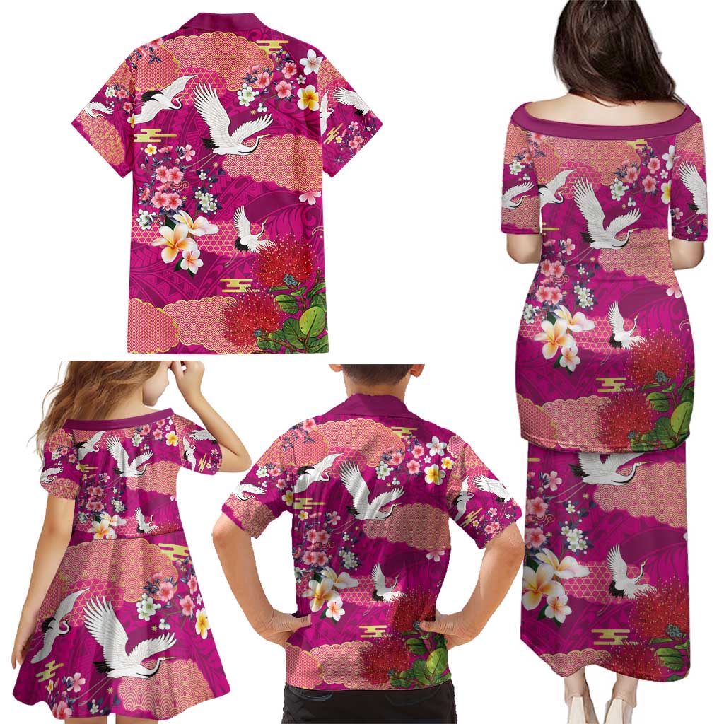 Hawaiian and Japanese Culture Together Family Matching Puletasi and Hawaiian Shirt Pink Ohia Lehua Plumeria and Sakura Blooming - Polynesian Pride