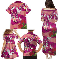 Hawaiian and Japanese Culture Together Family Matching Puletasi and Hawaiian Shirt Pink Ohia Lehua Plumeria and Sakura Blooming - Polynesian Pride