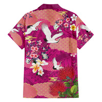 Hawaiian and Japanese Culture Together Family Matching Short Sleeve Bodycon Dress and Hawaiian Shirt Pink Ohia Lehua Plumeria and Sakura Blooming - Polynesian Pride