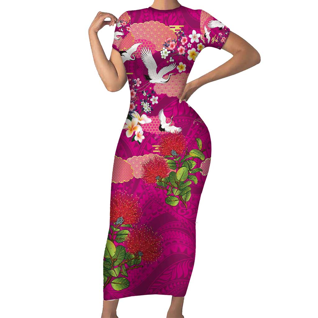 Hawaiian and Japanese Culture Together Family Matching Short Sleeve Bodycon Dress and Hawaiian Shirt Pink Ohia Lehua Plumeria and Sakura Blooming - Polynesian Pride
