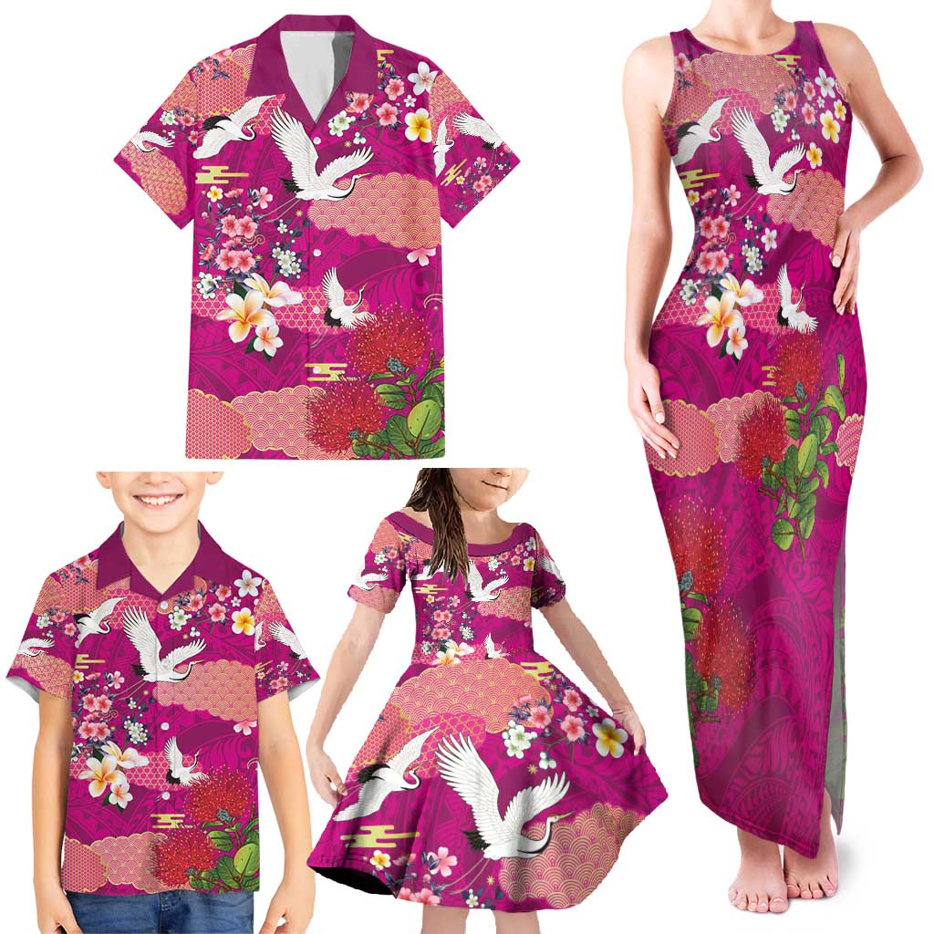 Hawaiian and Japanese Culture Together Family Matching Tank Maxi Dress and Hawaiian Shirt Pink Ohia Lehua Plumeria and Sakura Blooming - Polynesian Pride