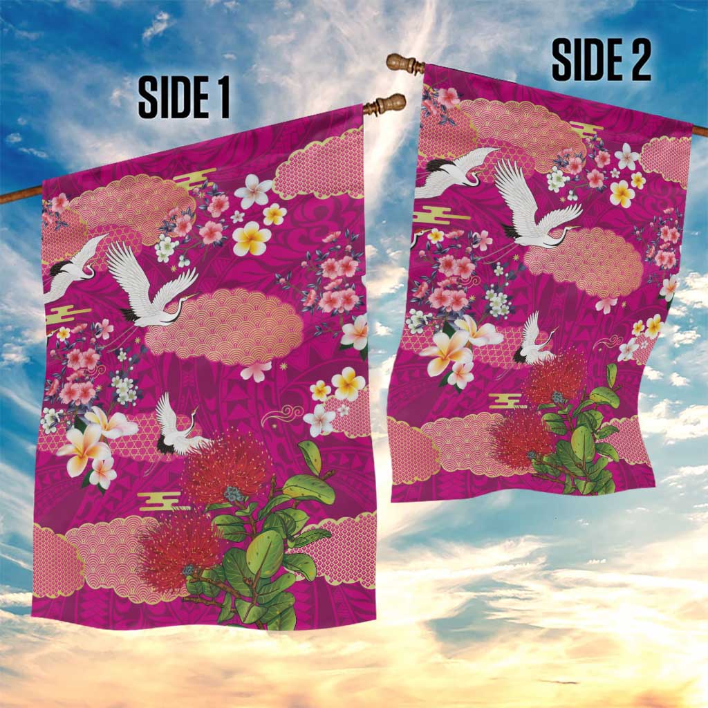 Hawaiian and Japanese Culture Together Garden Flag Pink Ohia Lehua Plumeria and Sakura Blooming - Polynesian Pride