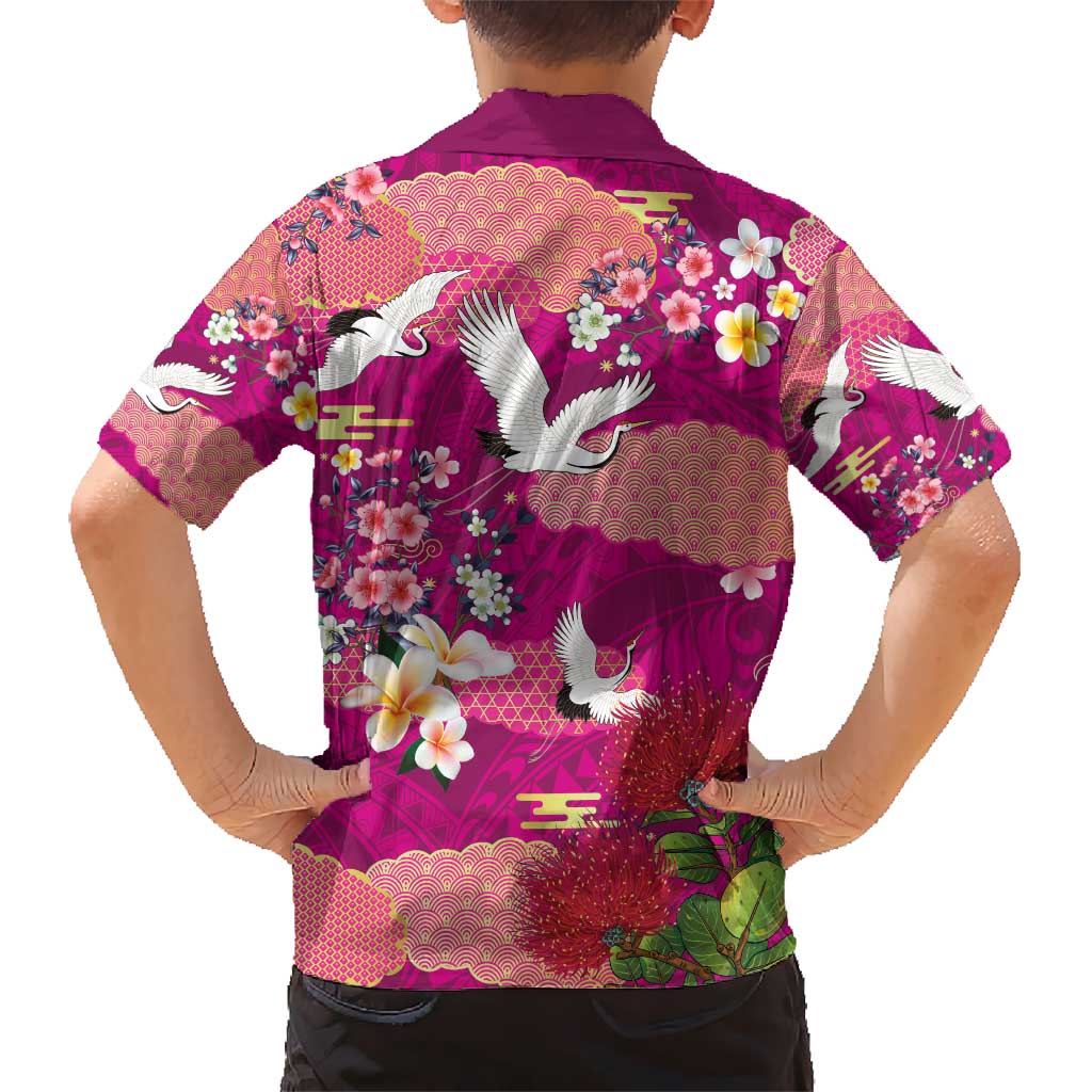 Hawaiian and Japanese Culture Together Hawaiian Shirt Pink Ohia Lehua Plumeria and Sakura Blooming - Polynesian Pride