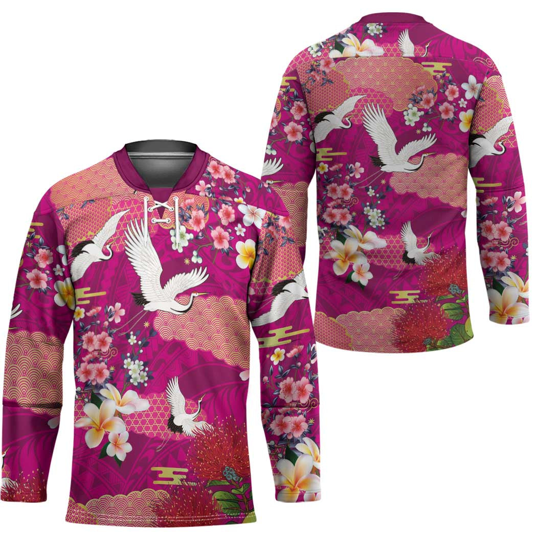 Hawaiian and Japanese Culture Together Hockey Jersey Pink Ohia Lehua Plumeria and Sakura Blooming - Polynesian Pride