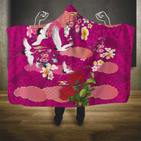 Hawaiian and Japanese Culture Together Hooded Blanket Pink Ohia Lehua Plumeria and Sakura Blooming - Polynesian Pride
