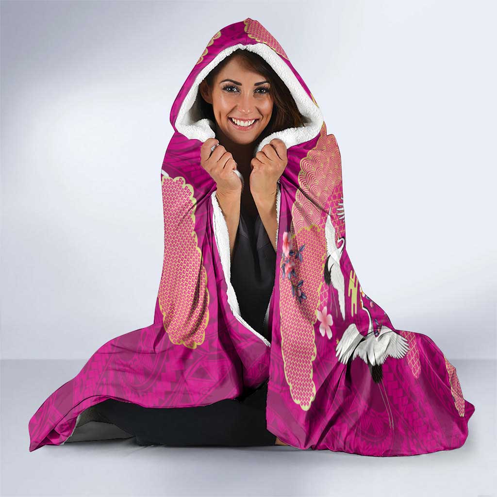 Hawaiian and Japanese Culture Together Hooded Blanket Pink Ohia Lehua Plumeria and Sakura Blooming - Polynesian Pride