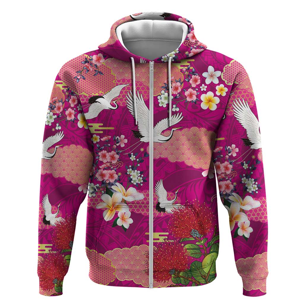 Hawaiian and Japanese Culture Together Hoodie Pink Ohia Lehua Plumeria and Sakura Blooming - Polynesian Pride