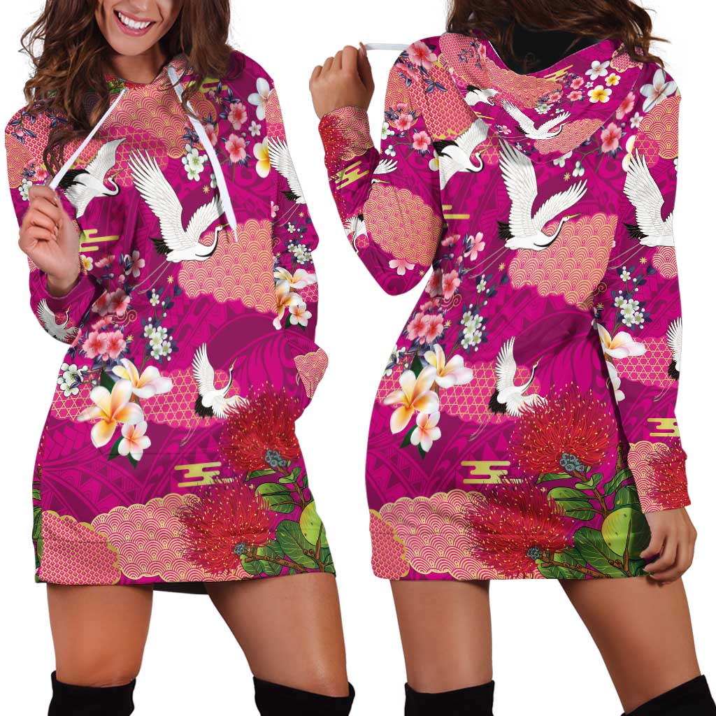 Hawaiian and Japanese Culture Together Hoodie Dress Pink Ohia Lehua Plumeria and Sakura Blooming - Polynesian Pride