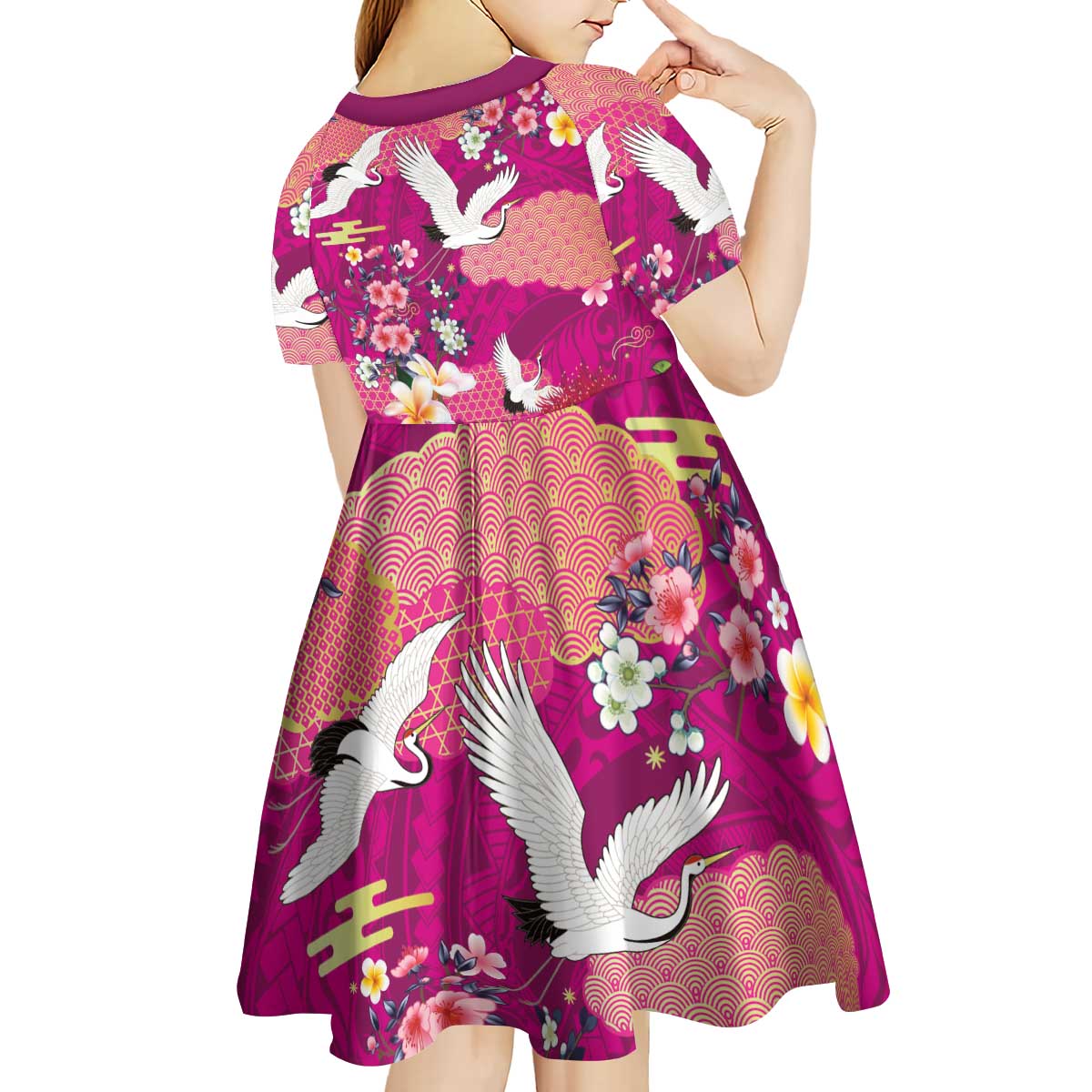Hawaiian and Japanese Culture Together Kid Short Sleeve Dress Pink Ohia Lehua Plumeria and Sakura Blooming - Polynesian Pride