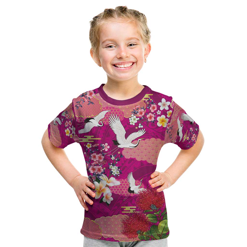 Hawaiian and Japanese Culture Together Kid T Shirt Pink Ohia Lehua Plumeria and Sakura Blooming - Polynesian Pride