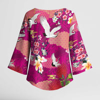 Hawaiian and Japanese Culture Together Kimono Sleeve Blouse Pink Ohia Lehua Plumeria and Sakura Blooming - Polynesian Pride