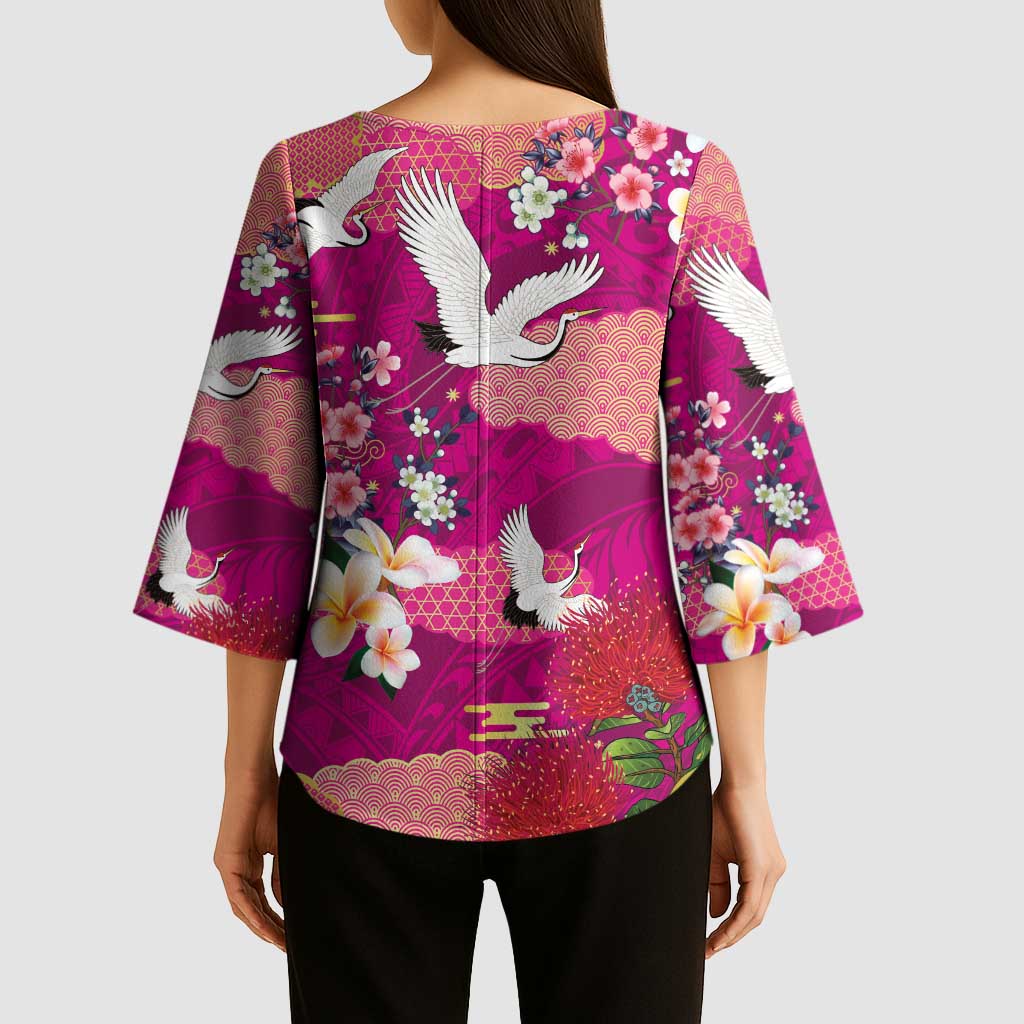Hawaiian and Japanese Culture Together Kimono Sleeve Blouse Pink Ohia Lehua Plumeria and Sakura Blooming - Polynesian Pride