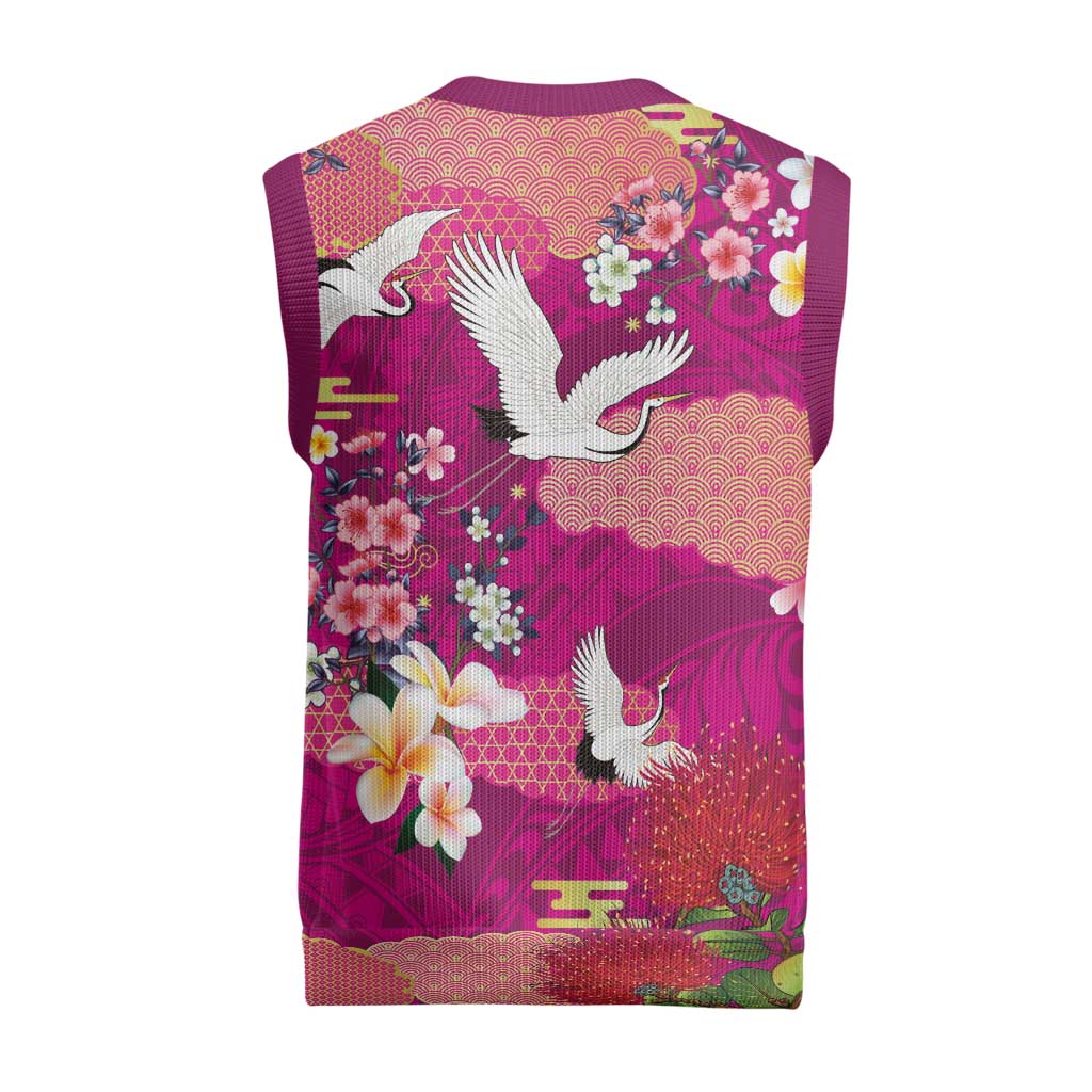 Hawaiian and Japanese Culture Together Christmas Knitted V-Neck Vest Pink Ohia Lehua Plumeria and Sakura Blooming - Polynesian Pride