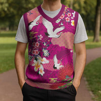 Hawaiian and Japanese Culture Together Christmas Knitted V-Neck Vest Pink Ohia Lehua Plumeria and Sakura Blooming - Polynesian Pride