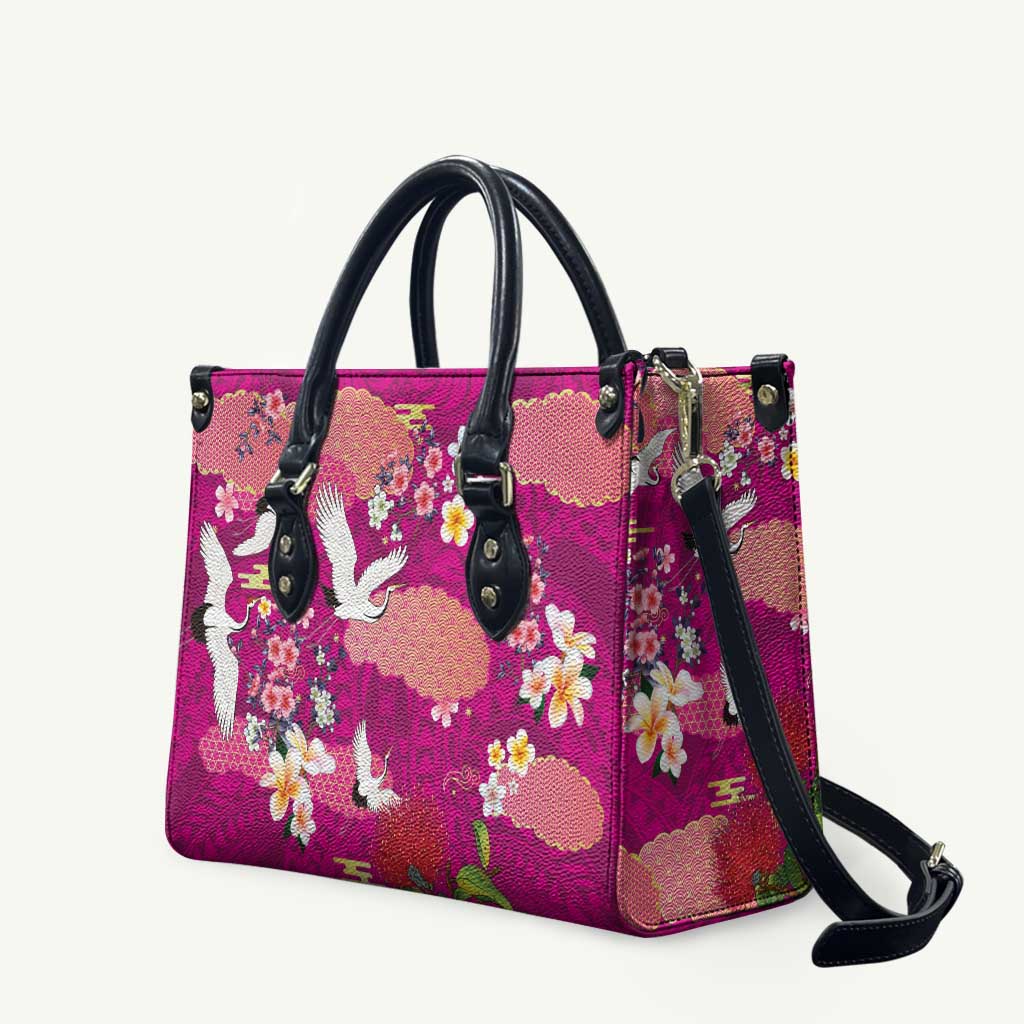 Hawaiian and Japanese Culture Together Leather Bag Pink Ohia Lehua Plumeria and Sakura Blooming - Polynesian Pride