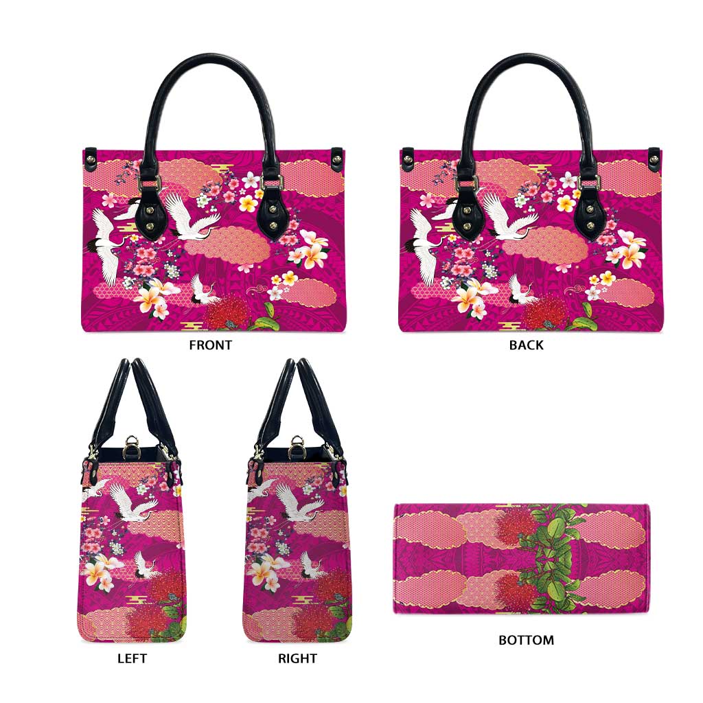 Hawaiian and Japanese Culture Together Leather Bag Pink Ohia Lehua Plumeria and Sakura Blooming - Polynesian Pride