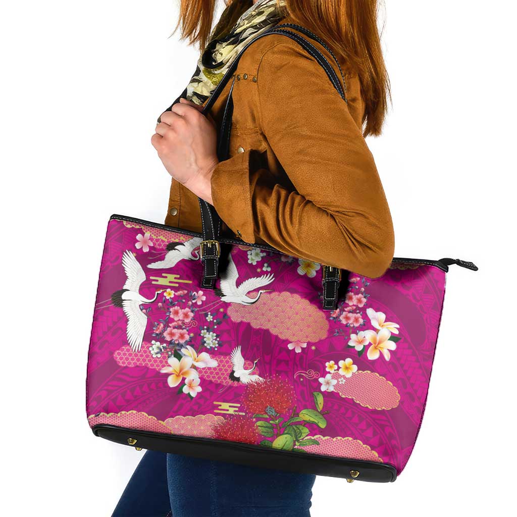 Hawaiian and Japanese Culture Together Leather Tote Bag Pink Ohia Lehua Plumeria and Sakura Blooming - Polynesian Pride