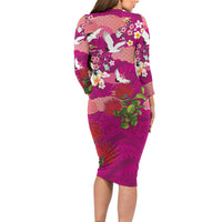 Hawaiian and Japanese Culture Together Long Sleeve Bodycon Dress Pink Ohia Lehua Plumeria and Sakura Blooming - Polynesian Pride