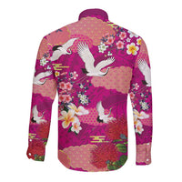 Hawaiian and Japanese Culture Together Long Sleeve Button Shirt Pink Ohia Lehua Plumeria and Sakura Blooming - Polynesian Pride