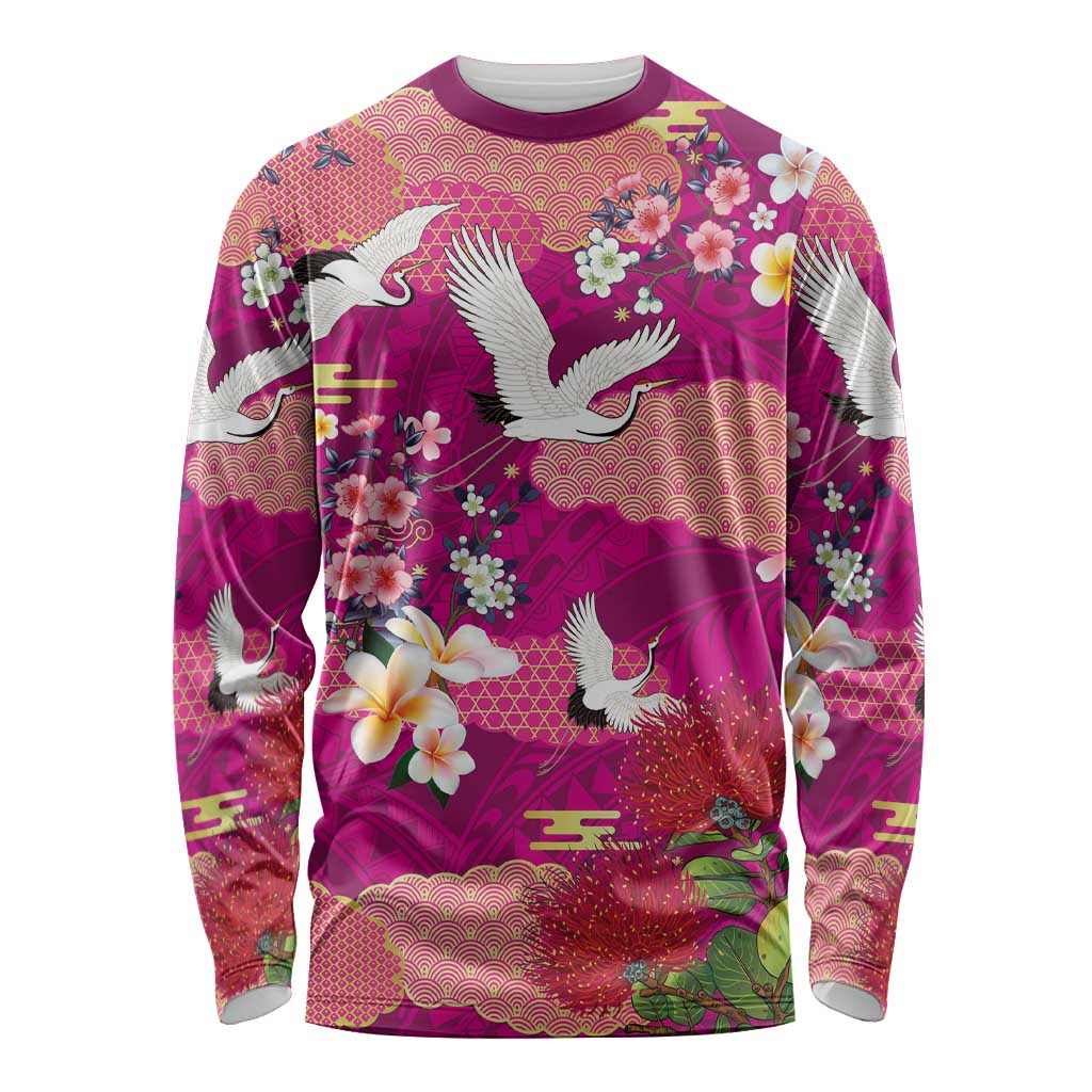 Hawaiian and Japanese Culture Together Long Sleeve Shirt Pink Ohia Lehua Plumeria and Sakura Blooming - Polynesian Pride