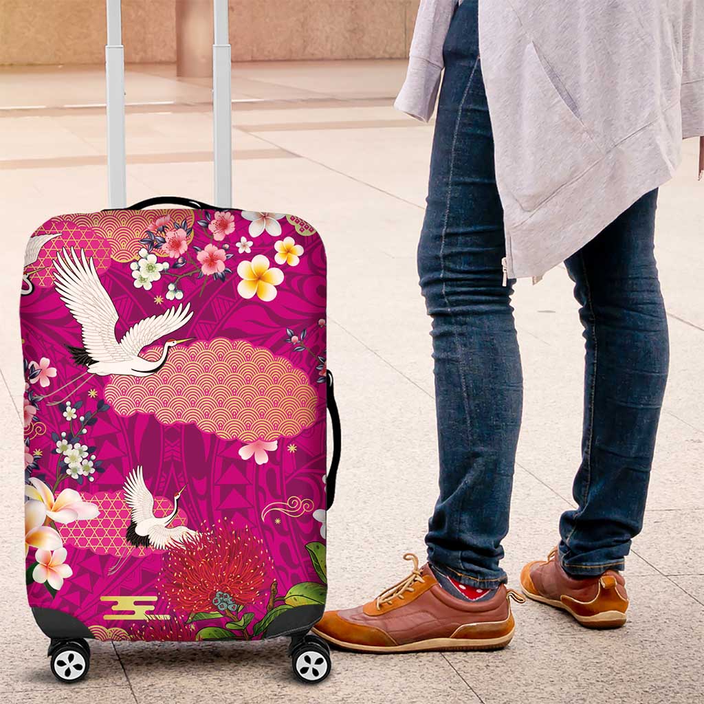 Hawaiian and Japanese Culture Together Luggage Cover Pink Ohia Lehua Plumeria and Sakura Blooming - Polynesian Pride