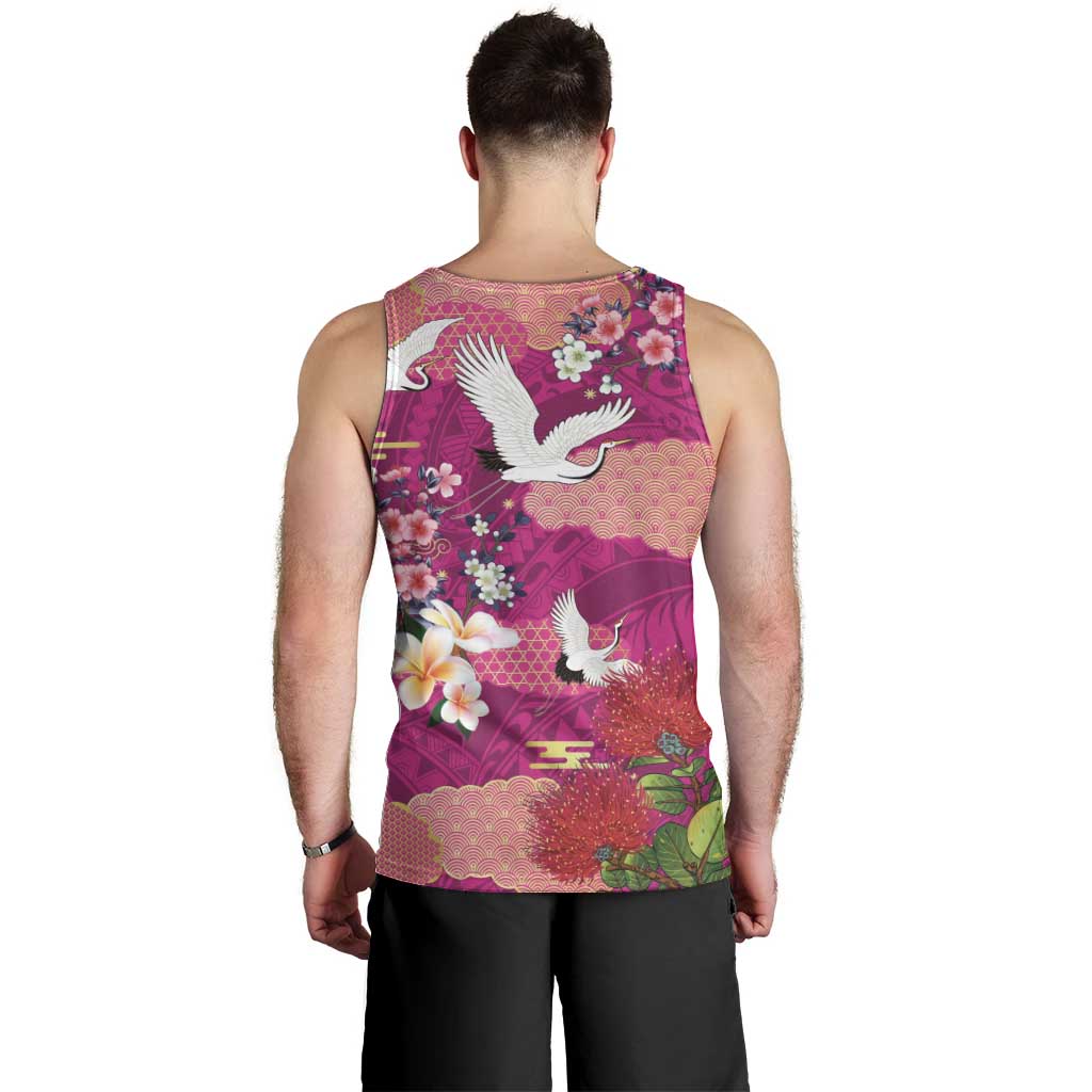 Hawaiian and Japanese Culture Together Men Tank Top Pink Ohia Lehua Plumeria and Sakura Blooming - Polynesian Pride