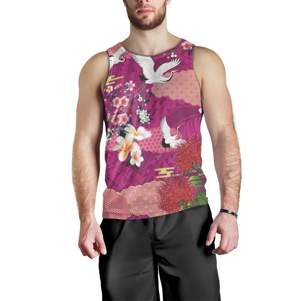 Hawaiian and Japanese Culture Together Men Tank Top Pink Ohia Lehua Plumeria and Sakura Blooming - Polynesian Pride