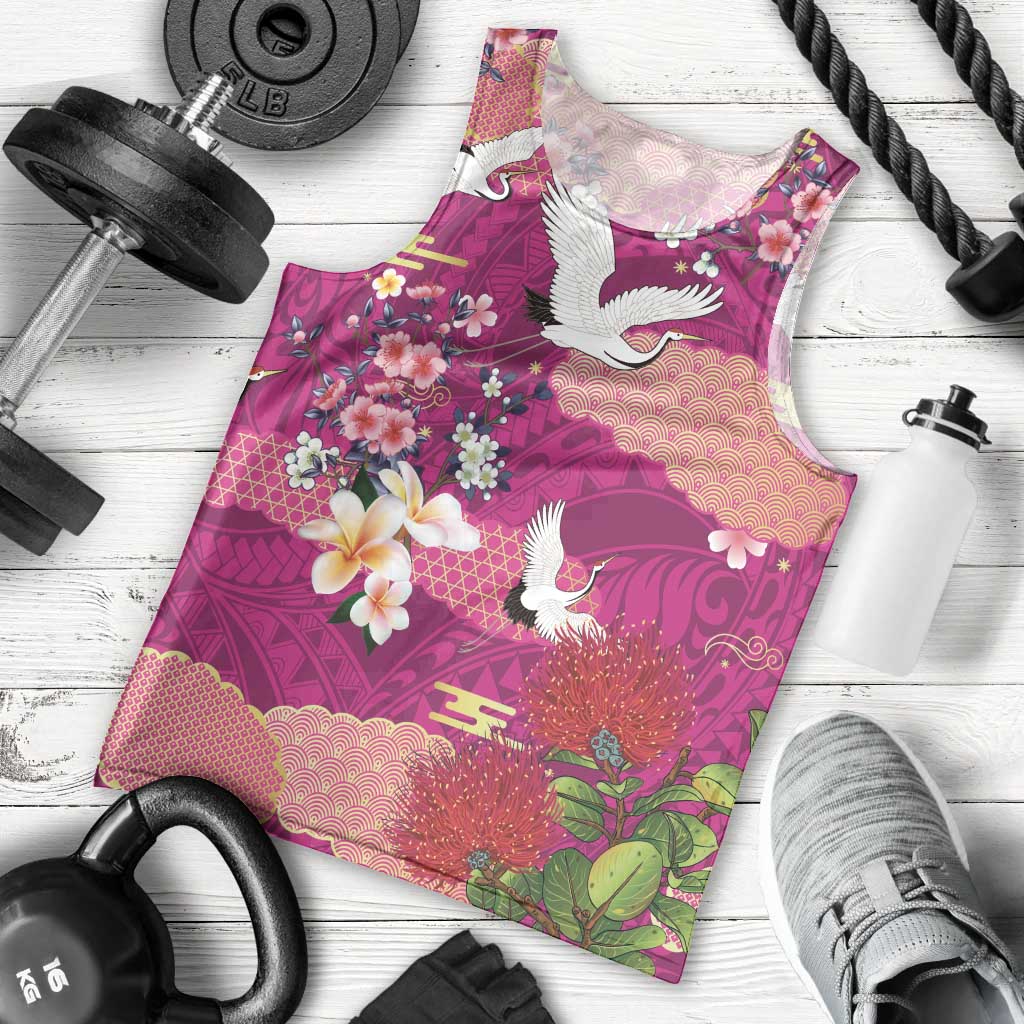 Hawaiian and Japanese Culture Together Men Tank Top Pink Ohia Lehua Plumeria and Sakura Blooming - Polynesian Pride