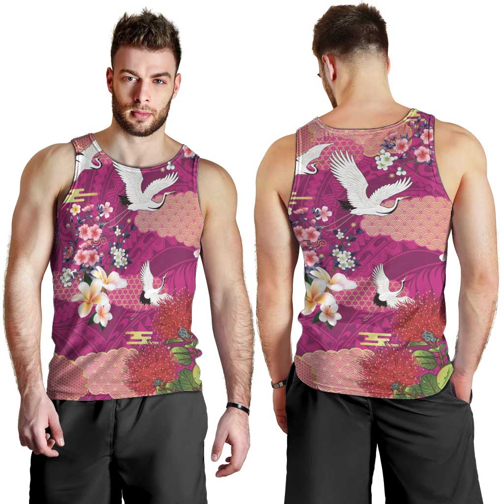 Hawaiian and Japanese Culture Together Men Tank Top Pink Ohia Lehua Plumeria and Sakura Blooming - Polynesian Pride