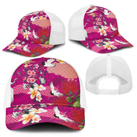Hawaiian and Japanese Culture Together Mesh Trucker Cap Pink Ohia Lehua Plumeria and Sakura Blooming - Polynesian Pride