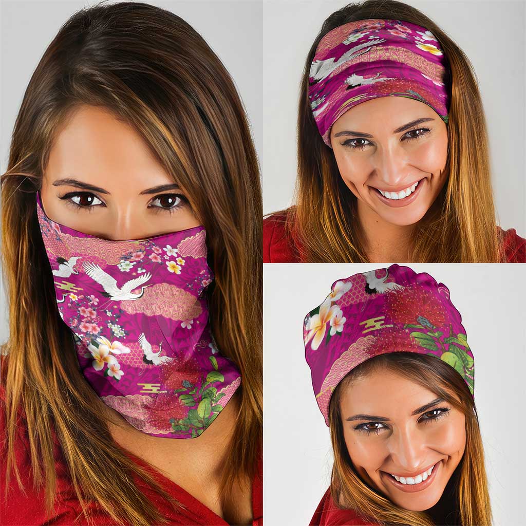 Hawaiian and Japanese Culture Together Neck Gaiter Pink Ohia Lehua Plumeria and Sakura Blooming - Polynesian Pride
