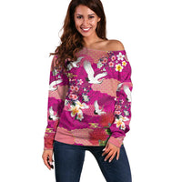 Hawaiian and Japanese Culture Together Off Shoulder Sweater Pink Ohia Lehua Plumeria and Sakura Blooming - Polynesian Pride