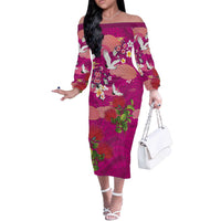 Hawaiian and Japanese Culture Together Off The Shoulder Long Sleeve Dress Pink Ohia Lehua Plumeria and Sakura Blooming - Polynesian Pride