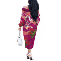 Hawaiian and Japanese Culture Together Off The Shoulder Long Sleeve Dress Pink Ohia Lehua Plumeria and Sakura Blooming - Polynesian Pride