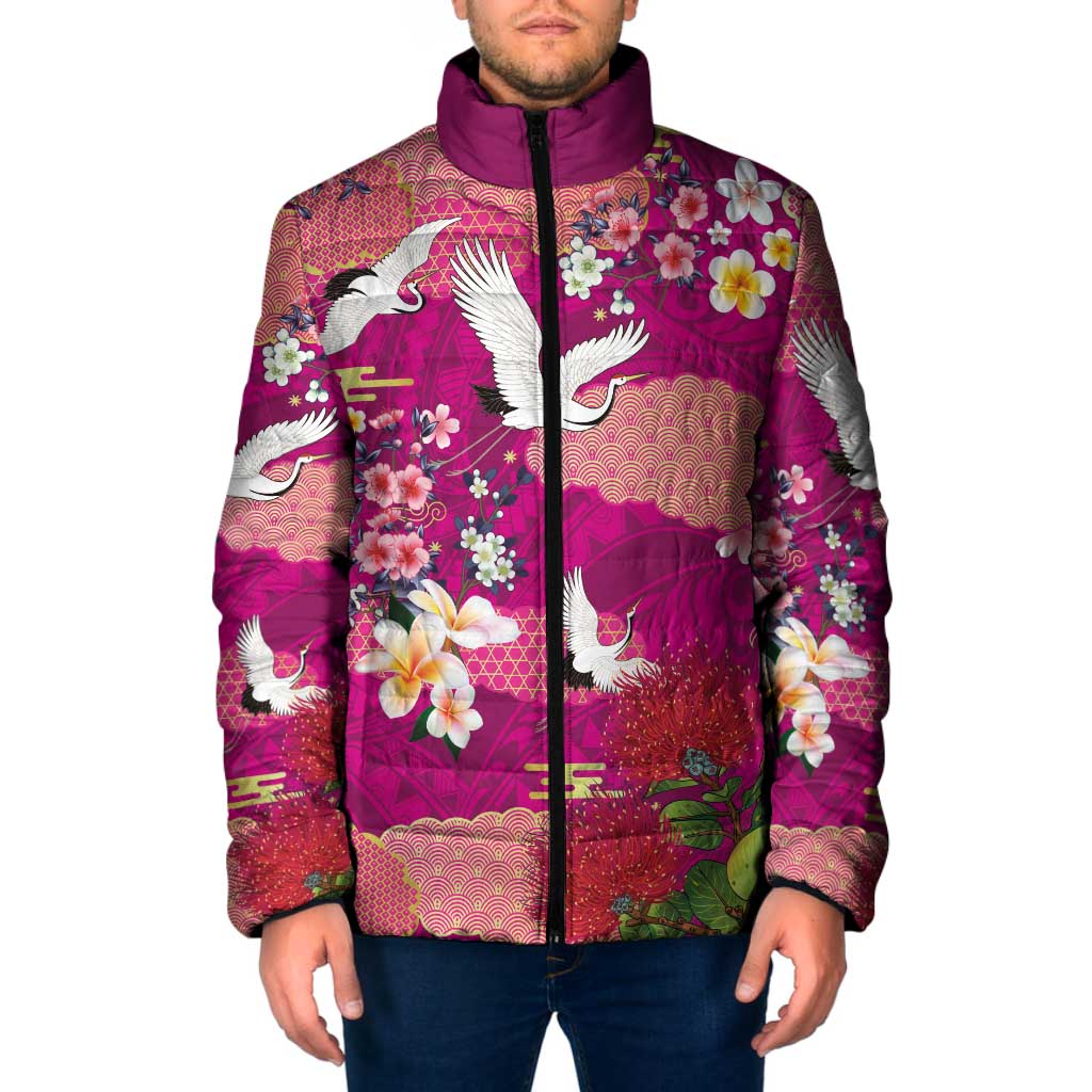 Hawaiian and Japanese Culture Together Padded Jacket Pink Ohia Lehua Plumeria and Sakura Blooming - Polynesian Pride