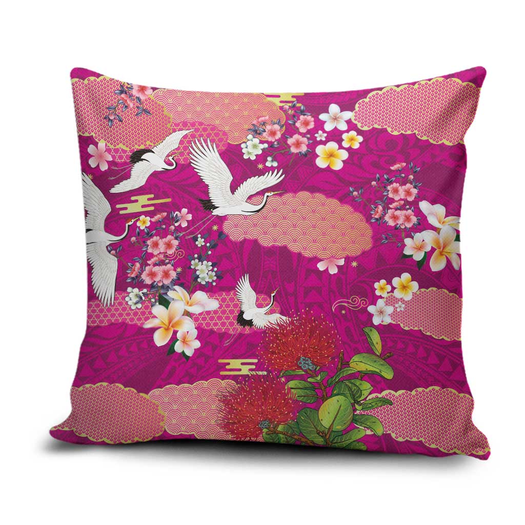 Hawaiian and Japanese Culture Together Pillow Cover Pink Ohia Lehua Plumeria and Sakura Blooming - Polynesian Pride